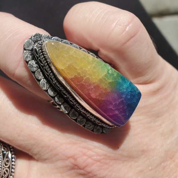 New Oversized Rainbow Solar Agate Quartz 925 Silver Statement Ring. - Picture 6 of 16